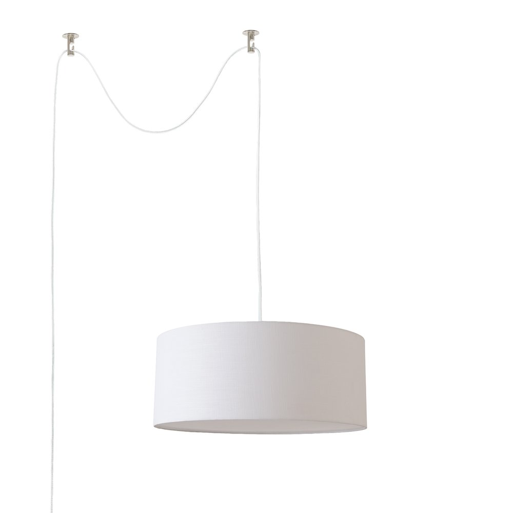 Stretch Swag Lamp, White Linen Drum Shade, Satin Nickel. Picture 1