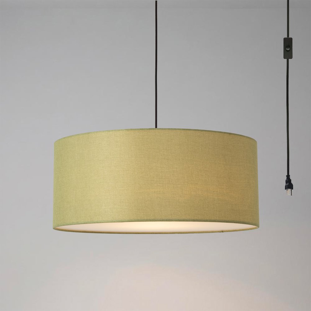 Stretch Swag Lamp, Avocado Linen Drum Shade, Weathered Brass. Picture 2
