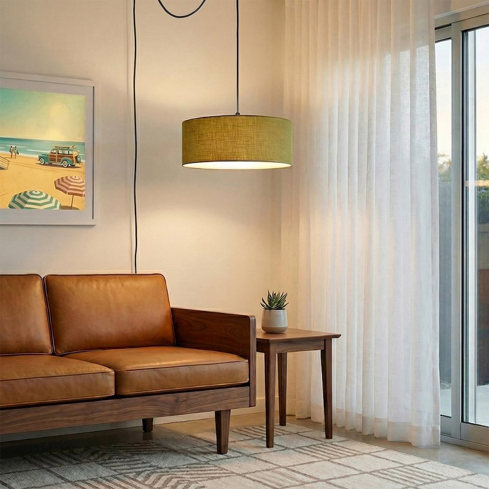 Stretch Swag Lamp, Avocado Linen Drum Shade, Weathered Brass. Picture 3