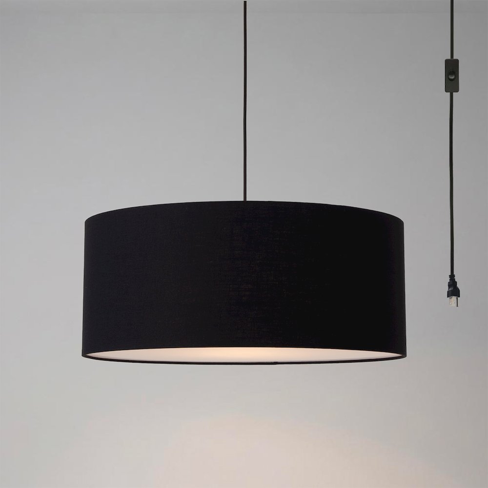 Stretch Swag Lamp, Black Linen Drum Shade, Weathered Brass. Picture 2