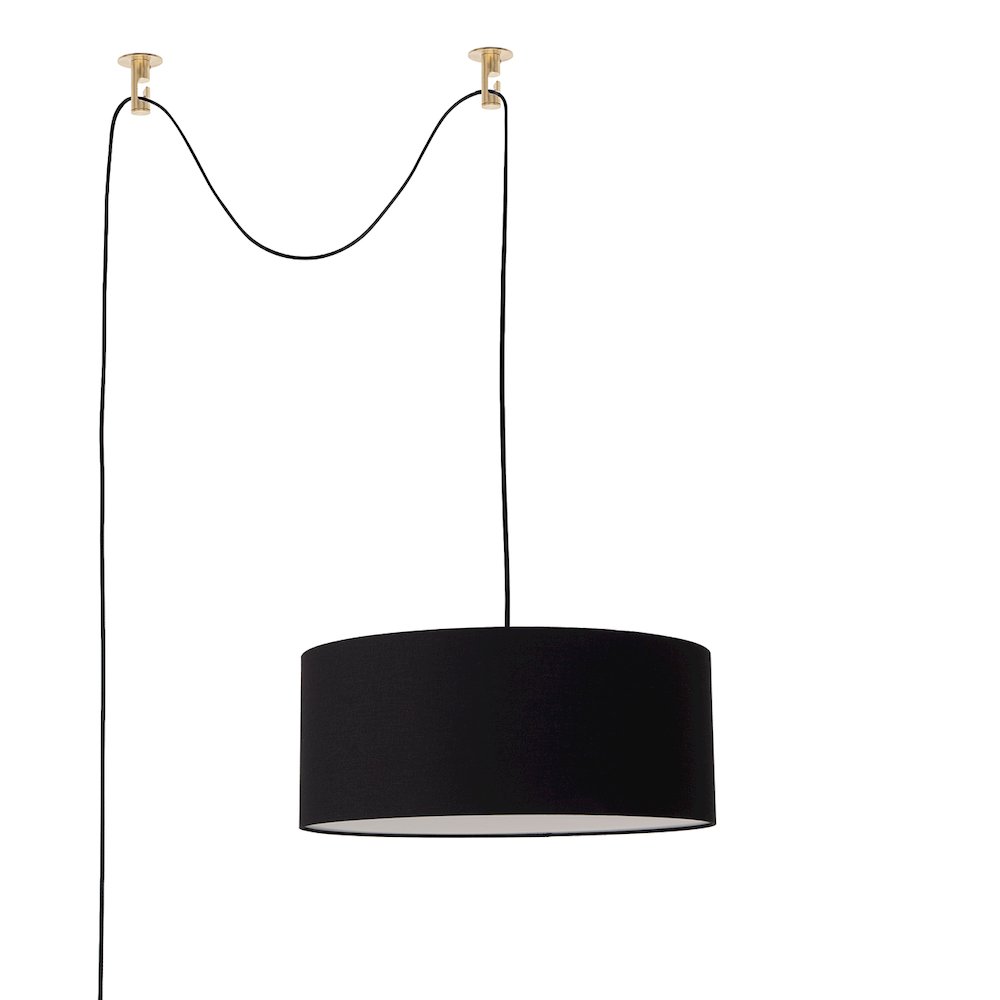 Stretch Swag Lamp, Black Linen Drum Shade, Weathered Brass. Picture 1