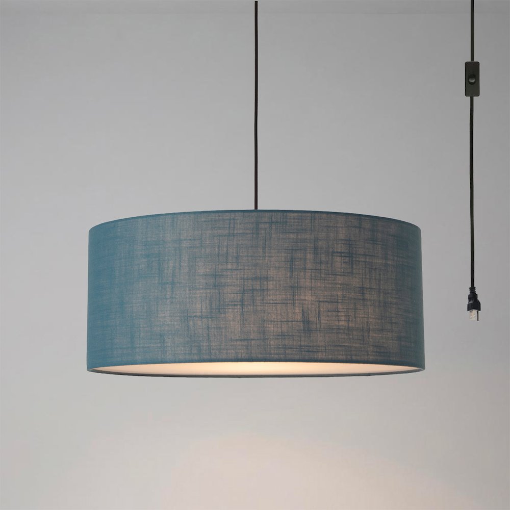 Stretch Swag Lamp, Pool Blue Linen Drum Shade, Weathered Brass. Picture 2