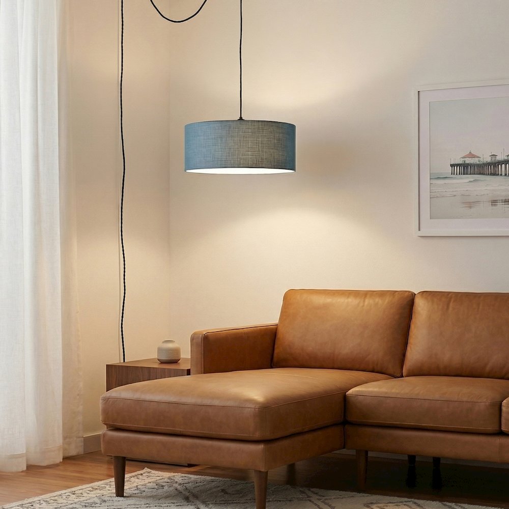 Stretch Swag Lamp, Pool Blue Linen Drum Shade, Weathered Brass. Picture 3