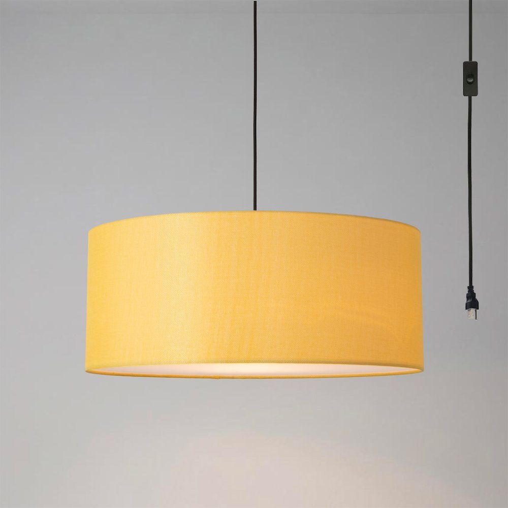 Stretch Swag Lamp, Mustard Linen Drum Shade, Weathered Brass. Picture 2