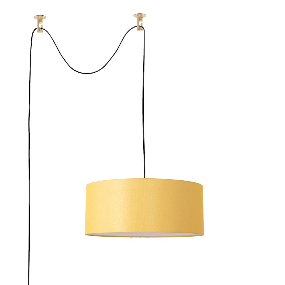 Stretch Swag Lamp, Mustard Linen Drum Shade, Weathered Brass. Picture 1