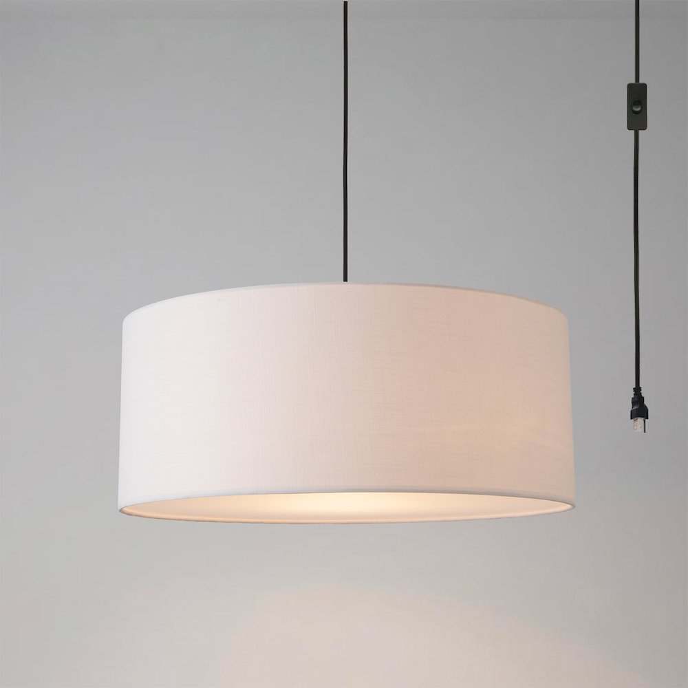 Stretch Swag Lamp, White Linen Drum Shade, Weathered Brass. Picture 2