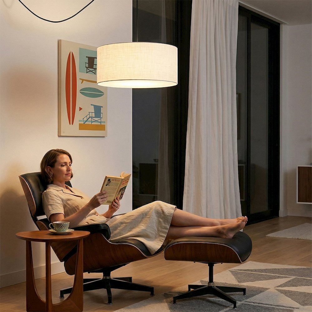 Stretch Swag Lamp, White Linen Drum Shade, Weathered Brass. Picture 3