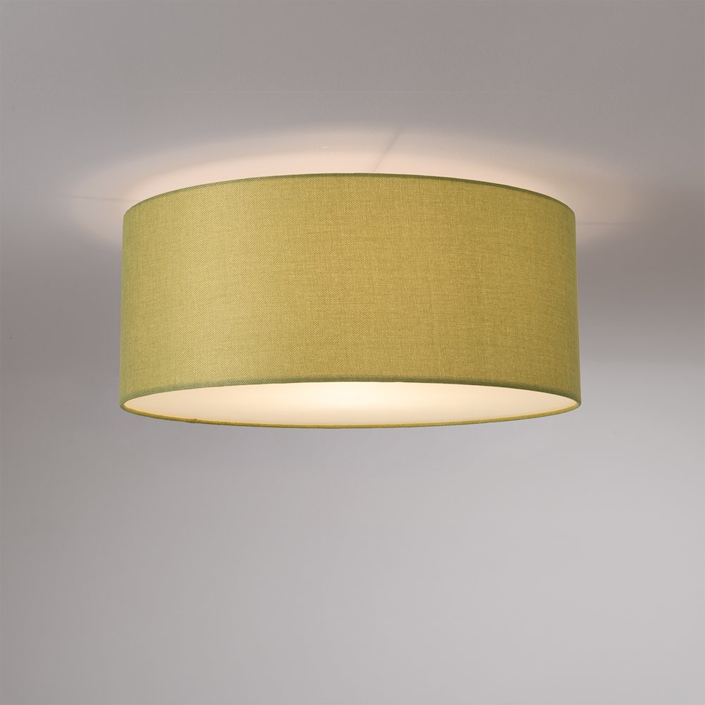 Stretch Flush Mount, Avocado Linen Drum Shade, Satin Nickel. Picture 2