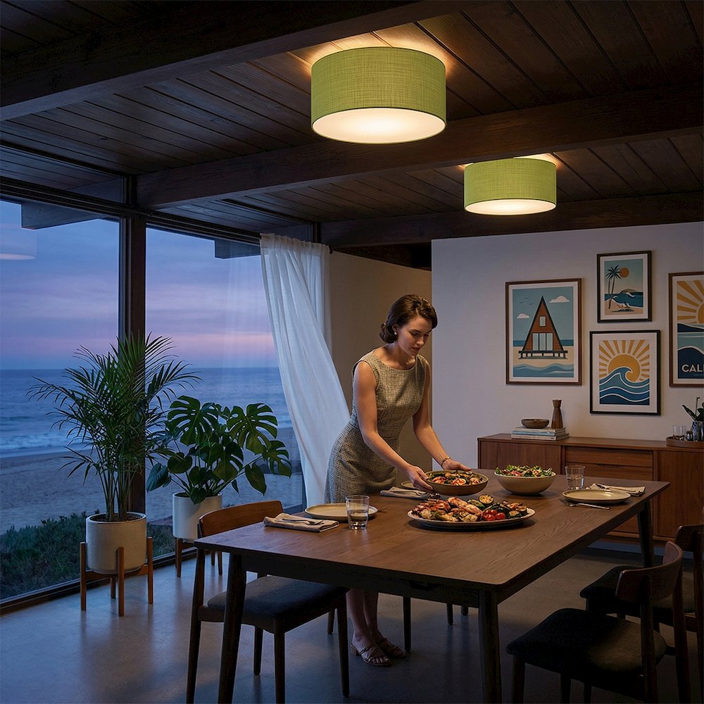 Stretch Flush Mount, Avocado Linen Drum Shade, Satin Nickel. Picture 3