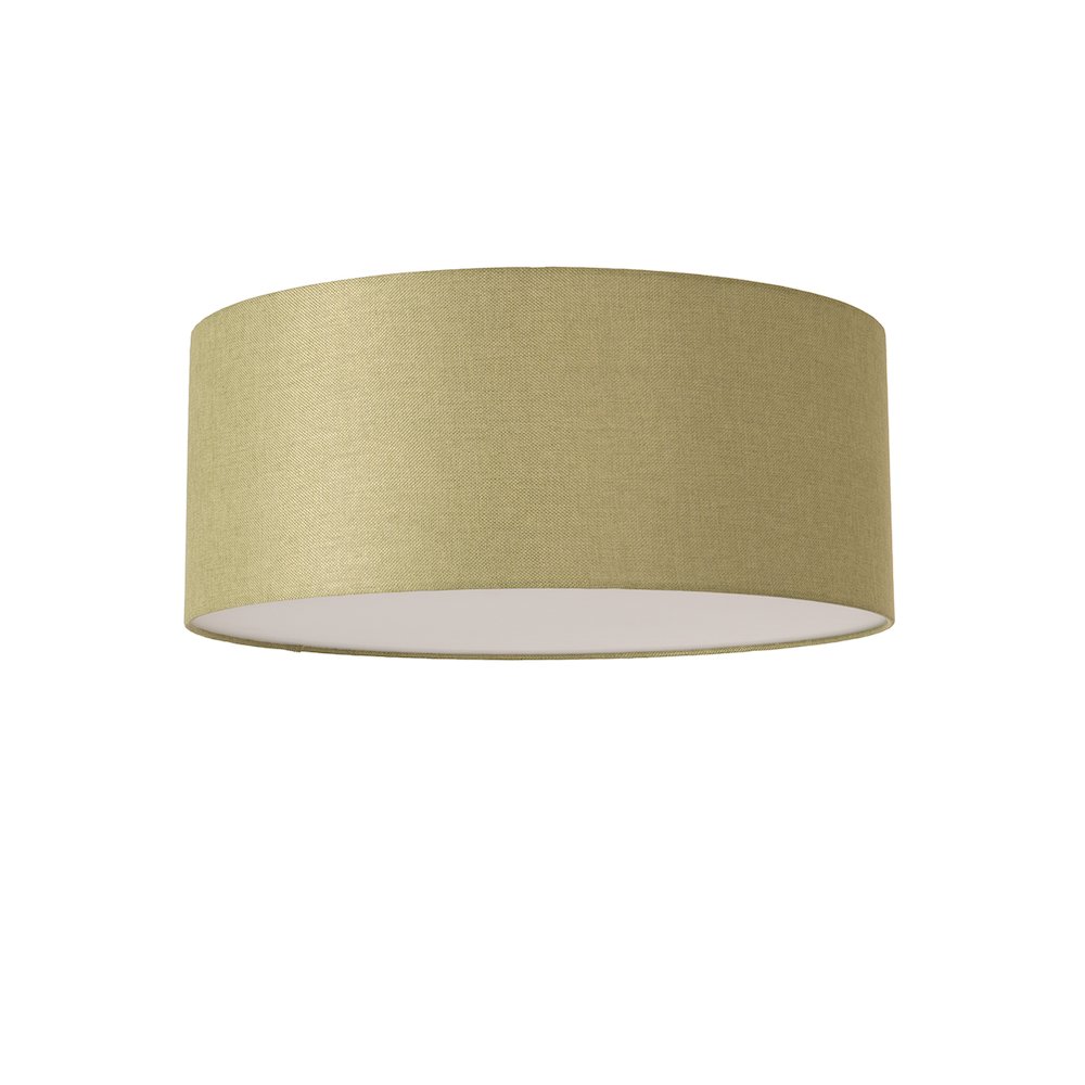 Stretch Flush Mount, Avocado Linen Drum Shade, Satin Nickel. Picture 1