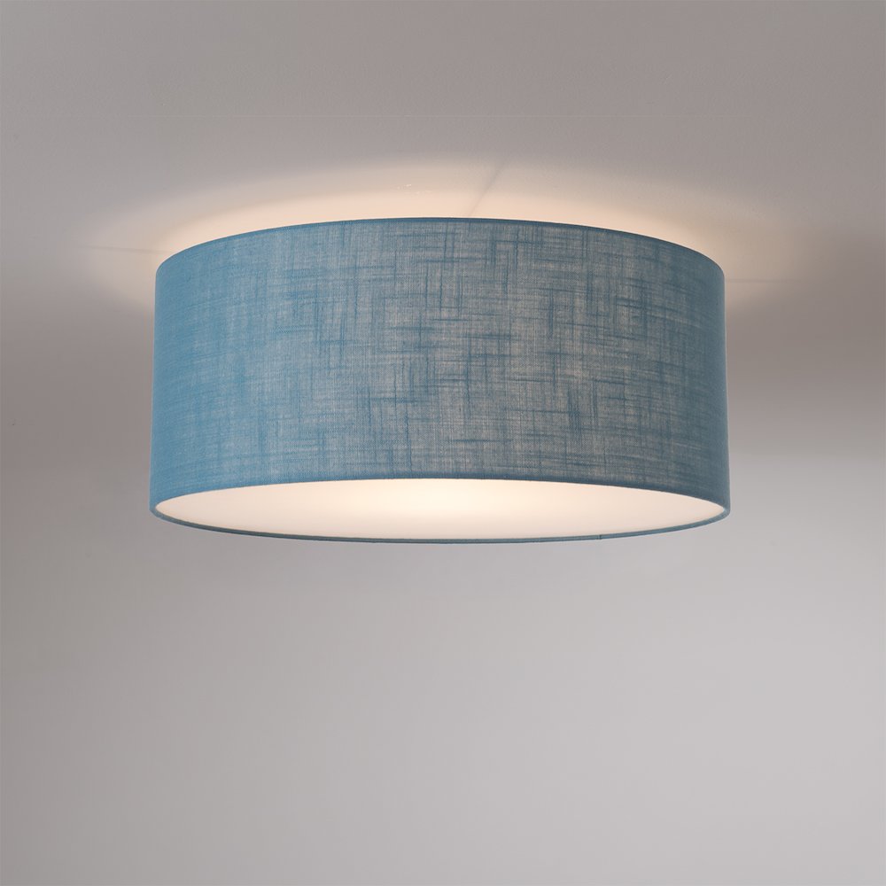 Stretch Flush Mount,  Pool Blue Linen Drum Shade, Satin Nickel. Picture 2