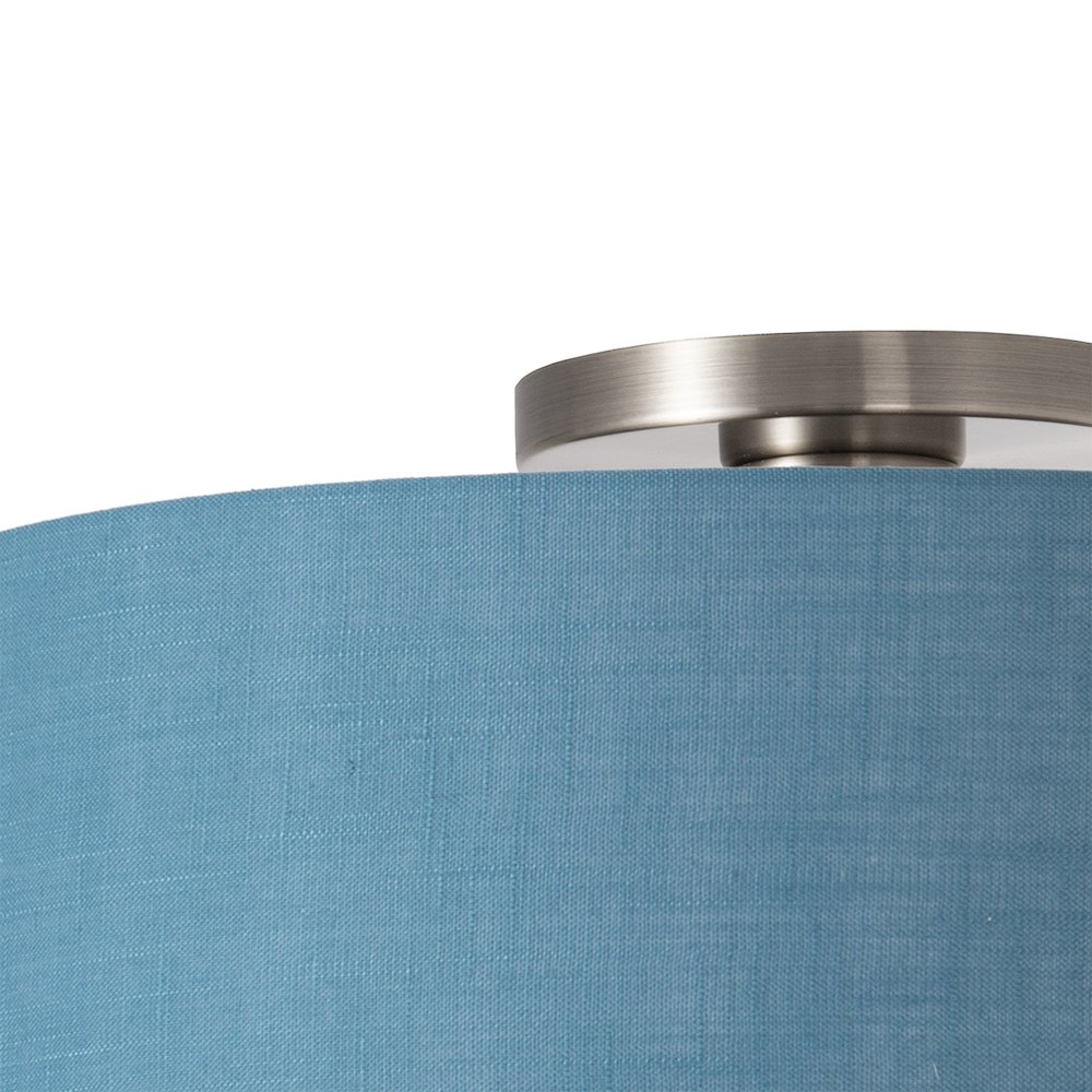 Stretch Flush Mount,  Pool Blue Linen Drum Shade, Satin Nickel. Picture 4