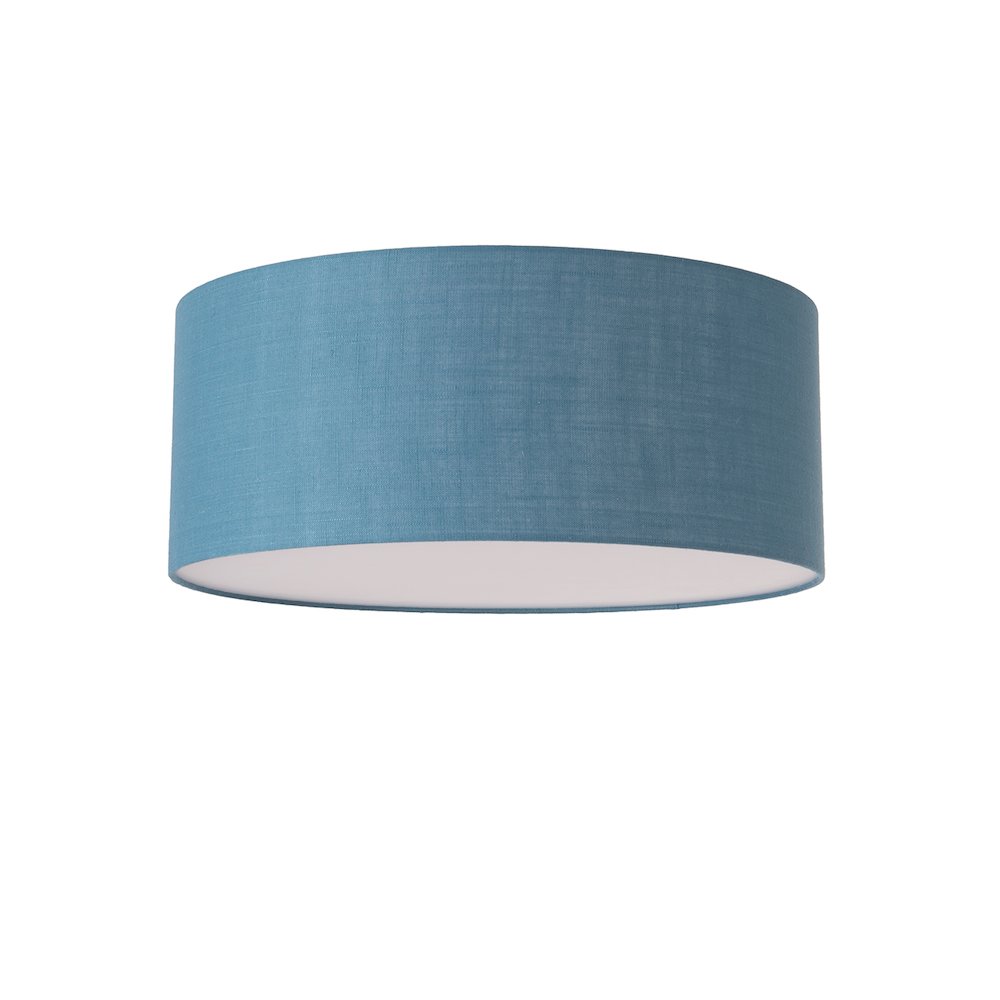 Stretch Flush Mount,  Pool Blue Linen Drum Shade, Satin Nickel. Picture 1
