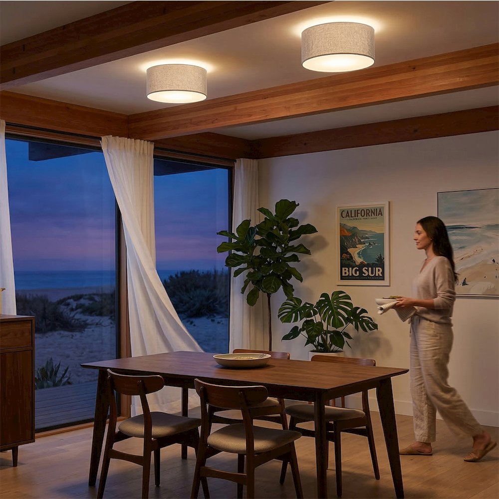 Stretch Flush Mount, Cashmere Gray Linen Drum Shade, Satin Nickel. Picture 3