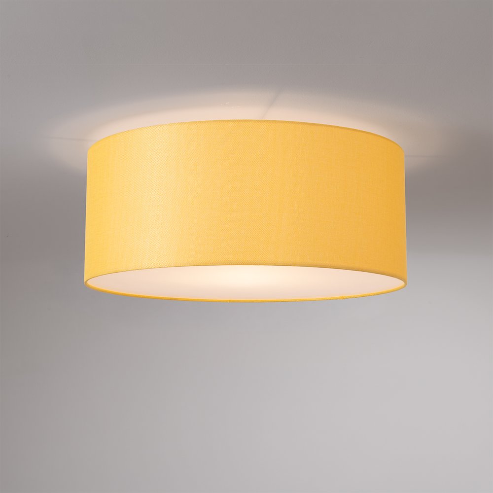 Stretch Flush Mount, Mustard Linen Drum Shade, Satin Nickel. Picture 2