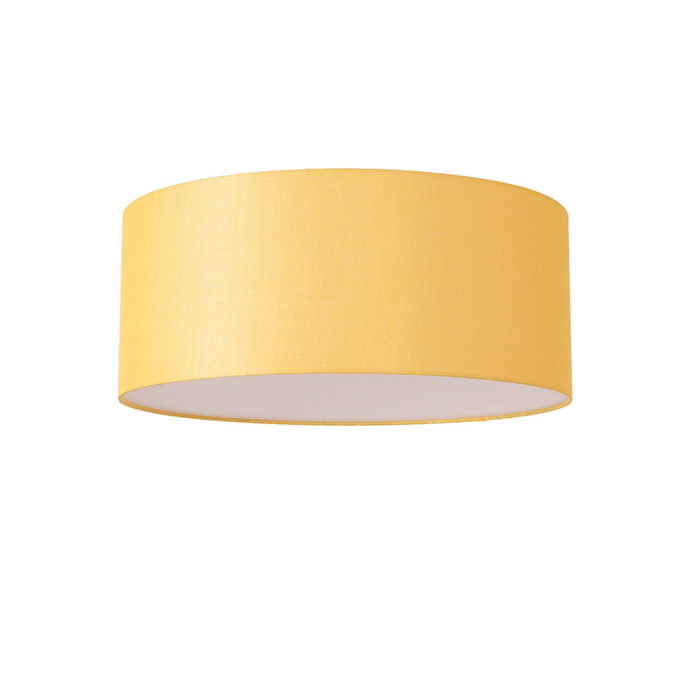 Stretch Flush Mount, Mustard Linen Drum Shade, Satin Nickel. Picture 1