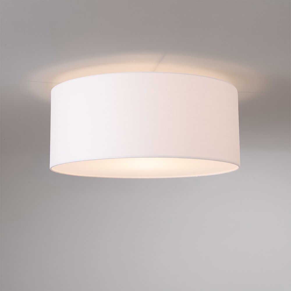 Stretch Flush Mount, 22" White Linen Drum Drum Shade, Satin Nickel, Dimmable. Picture 2