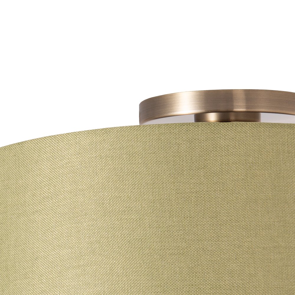 Stretch Flush Mount, Avocado Linen Drum Shade, Weathered Brass. Picture 4