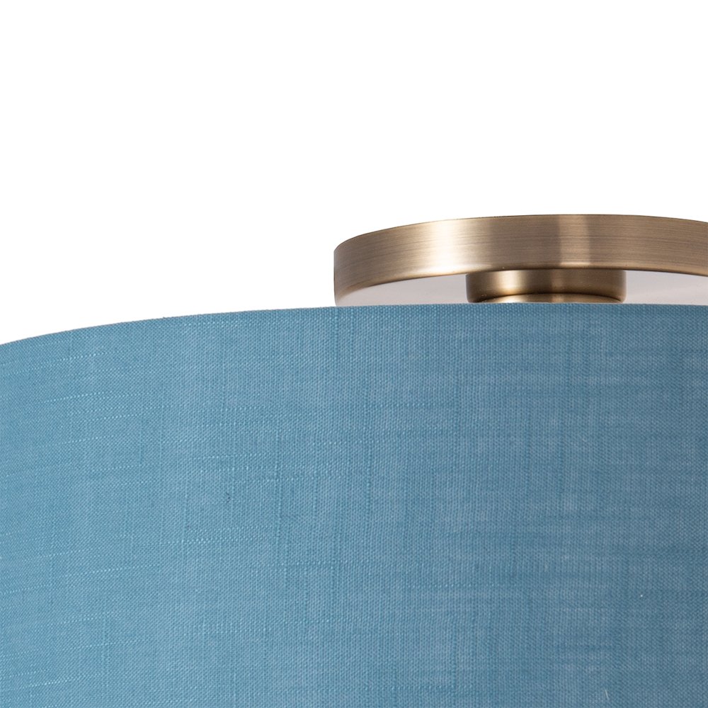 Stretch Flush Mount,  Pool Blue Linen Drum Shade, Weathered Brass. Picture 4