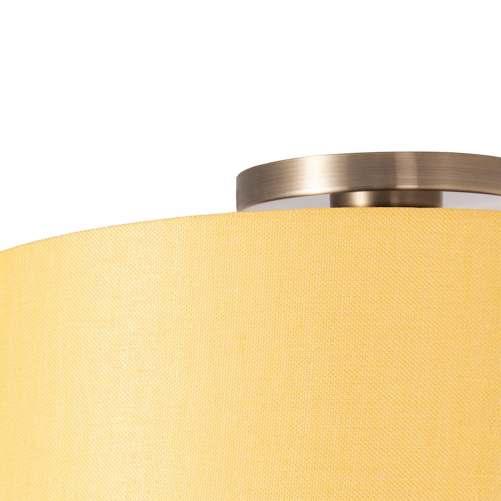 Stretch Flush Mount, Mustard Linen Drum Shade, Weathered Brass. Picture 4