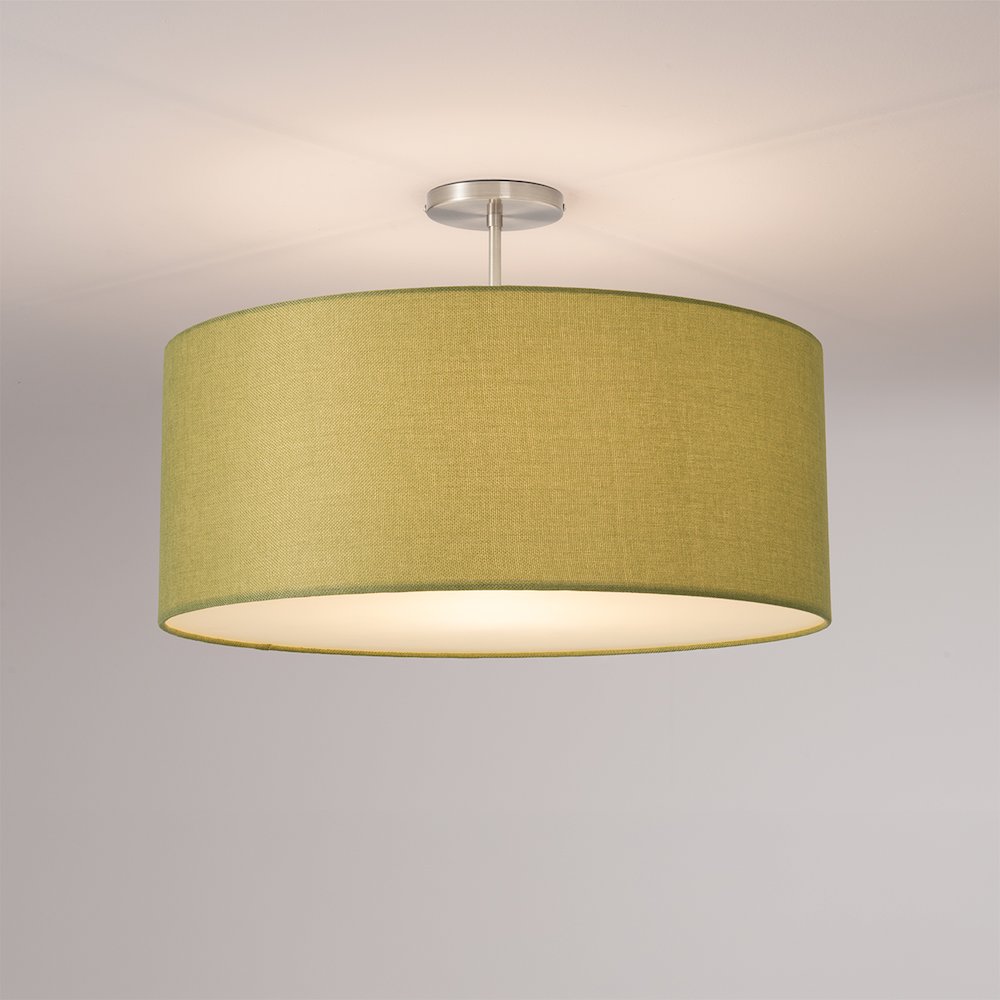 Stretch Semi Flush Mount, Avocado Linen Drum Shade, Satin Nickel. Picture 2