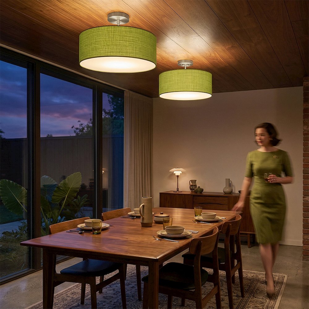Stretch Semi Flush Mount, Avocado Linen Drum Shade, Satin Nickel. Picture 3