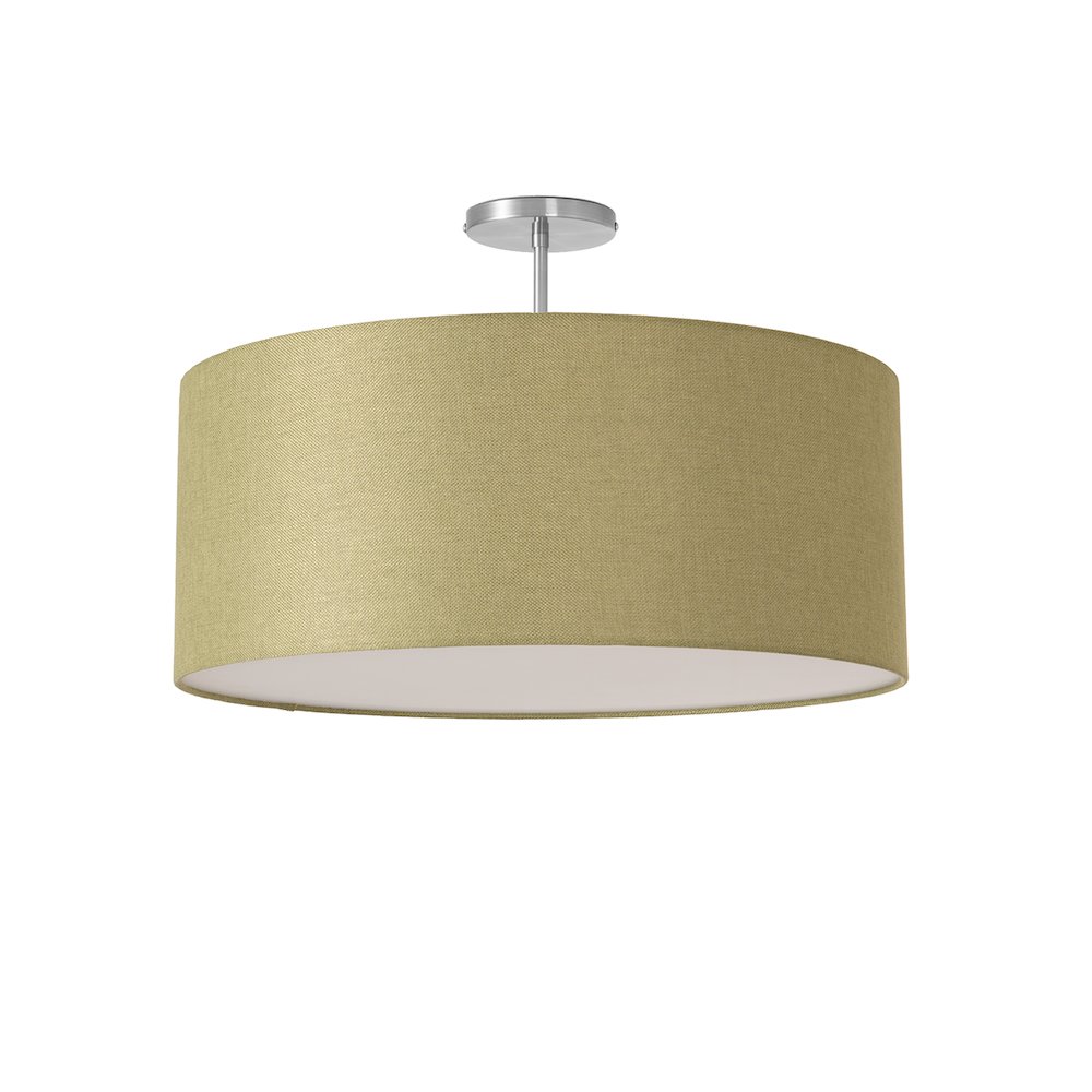 Stretch Semi Flush Mount, Avocado Linen Drum Shade, Satin Nickel. Picture 1
