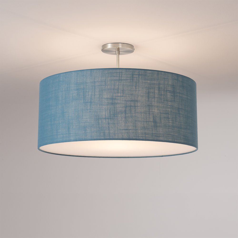Stretch Semi Flush Mount,  Pool Blue Linen Drum Shade, Satin Nickel. Picture 2