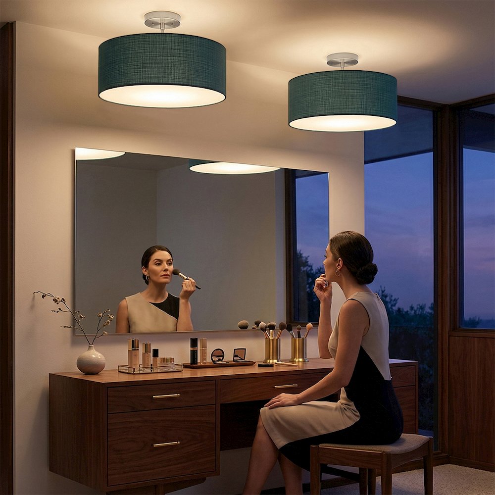 Stretch Semi Flush Mount,  Pool Blue Linen Drum Shade, Satin Nickel. Picture 3