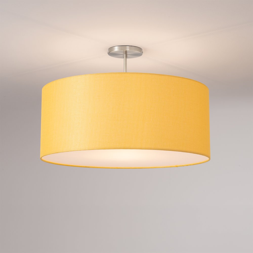 Stretch Semi Flush Mount, Mustard Linen Drum Shade, Satin Nickel. Picture 2