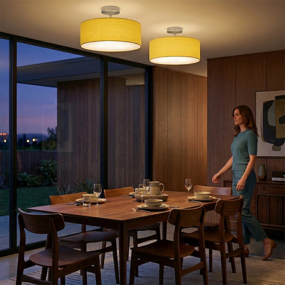 Stretch Semi Flush Mount, Mustard Linen Drum Shade, Satin Nickel. Picture 3