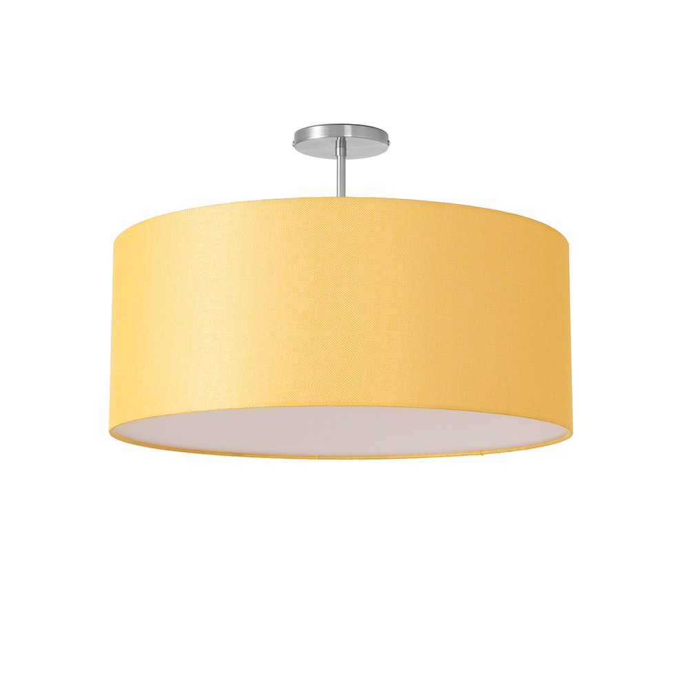 Stretch Semi Flush Mount, Mustard Linen Drum Shade, Satin Nickel. Picture 1