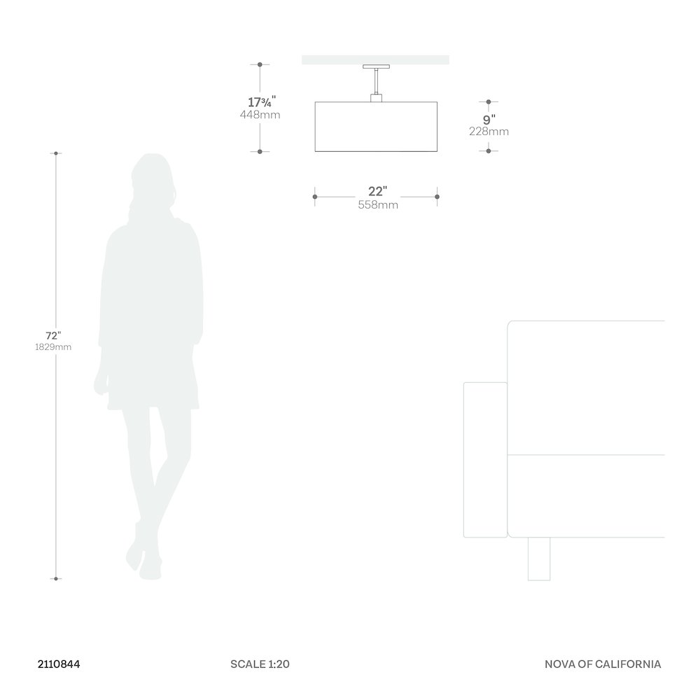 Stretch Semi-Flush Mount - Weathered Brass, Steel Base, Pool Blue Linen Shade. Picture 4