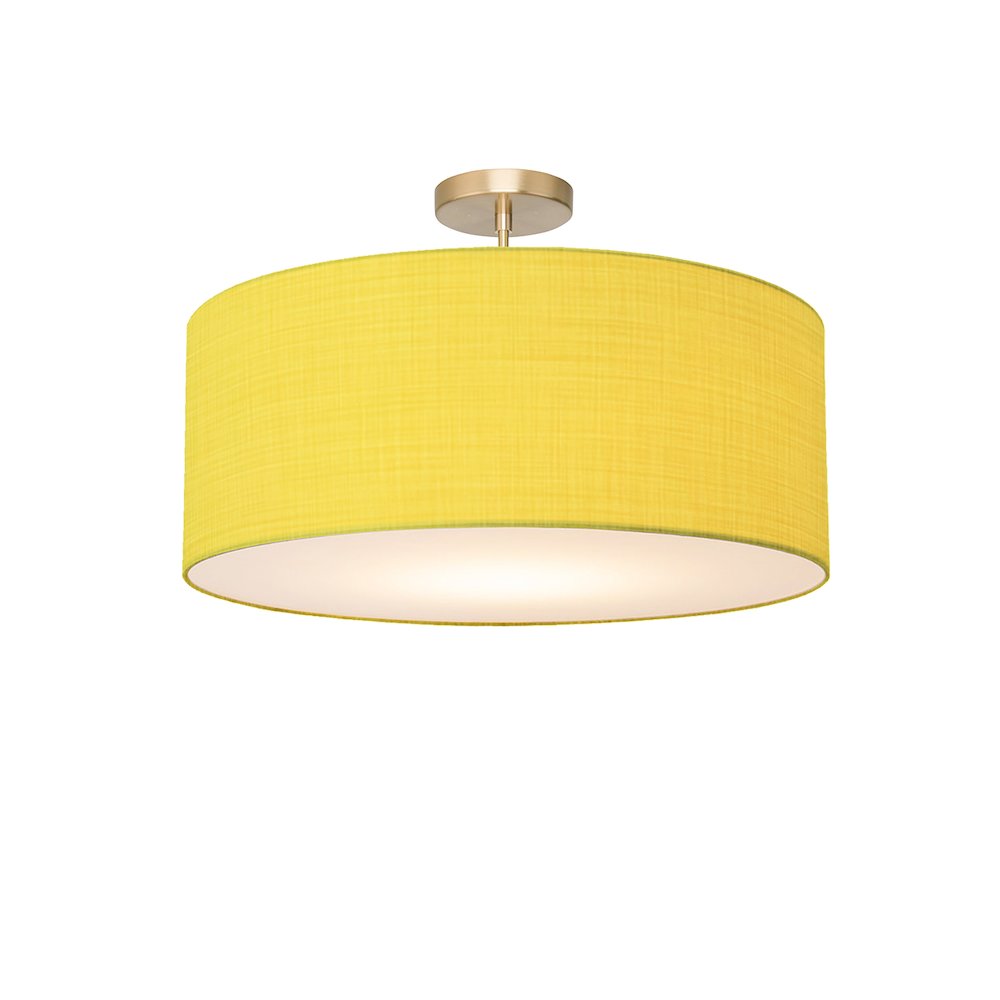 Stretch Semi-Flush Mount - Weathered Brass, Steel, Mustard Linen Shade, Dimmable. Picture 1