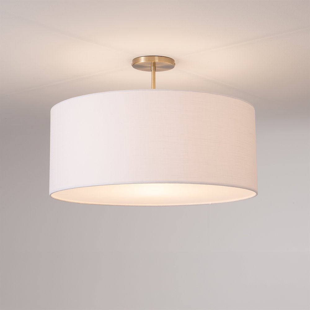 Stretch Semi Flush Mount, White Linen Drum Shade, Weathered Brass. Picture 2