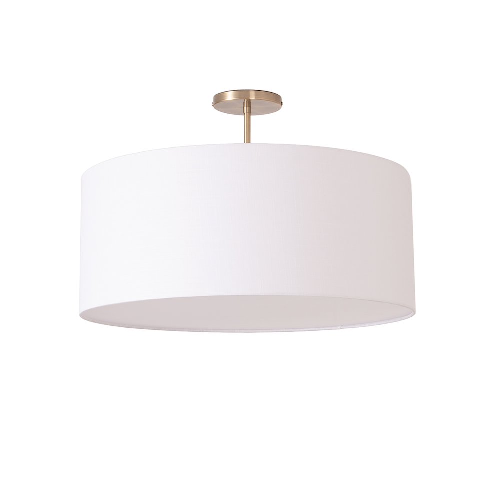 Stretch Semi Flush Mount, White Linen Drum Shade, Weathered Brass. Picture 1