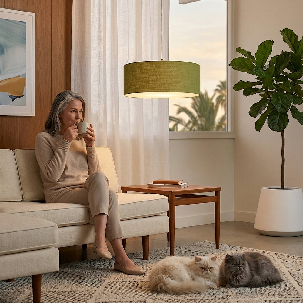 Stretch Pendant - Satin Nickel, Avocado Linen Shade, Dimmable, Bulb Included. Picture 3
