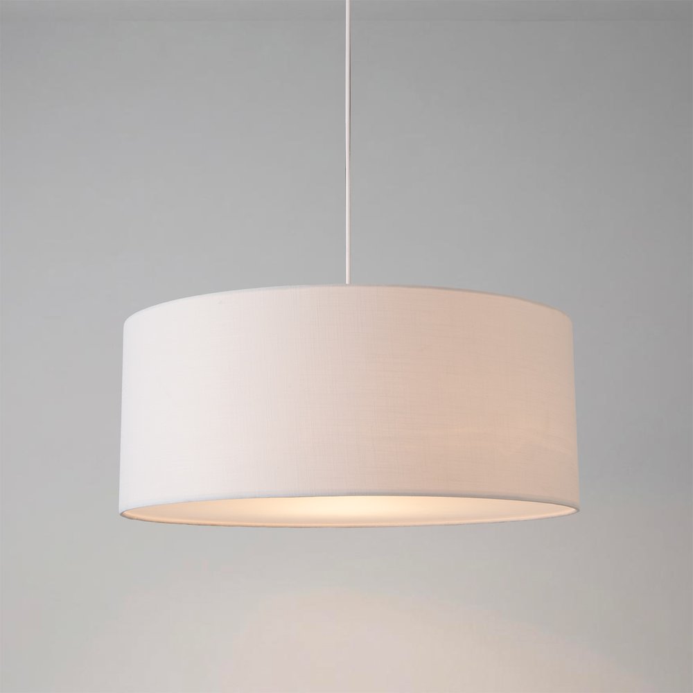 Stretch Pendant - Satin Nickel, White Linen Drum Shade, Dimmable, Bulb Included. Picture 2