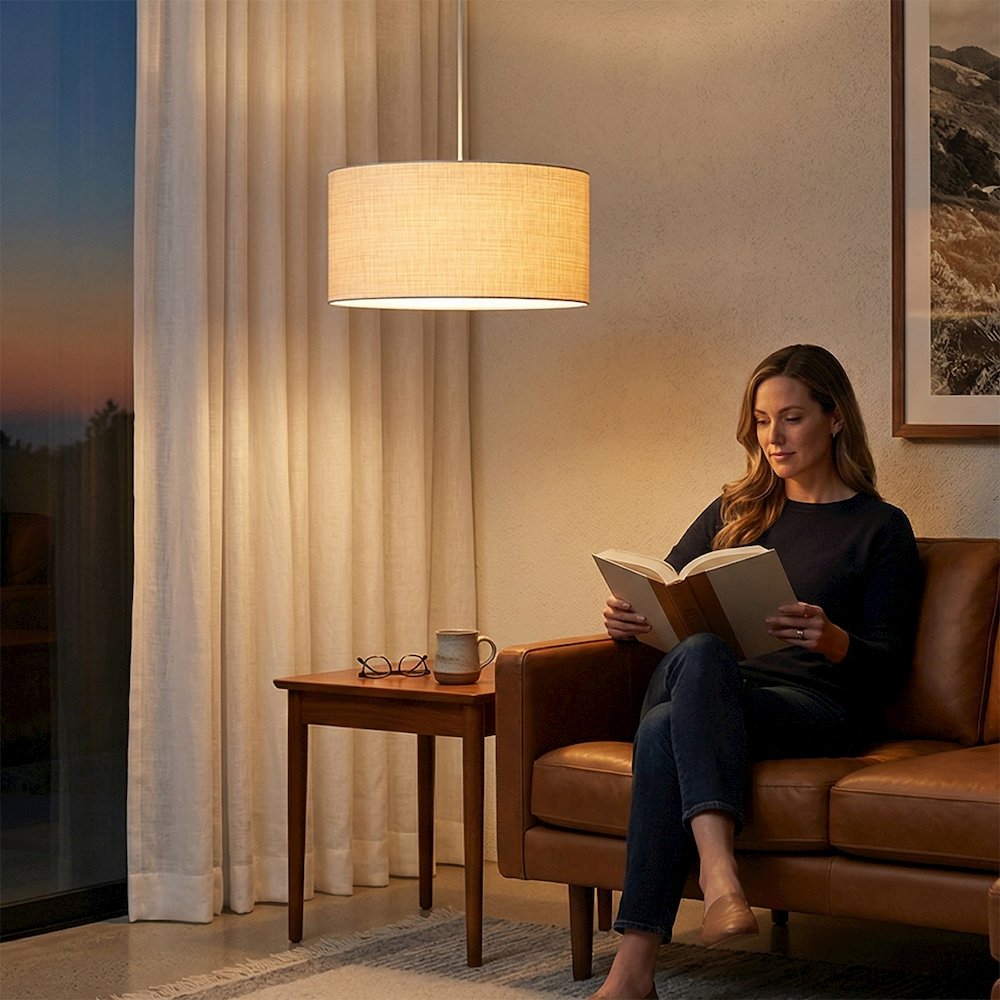 Stretch Pendant - Satin Nickel, White Linen Drum Shade, Dimmable, Bulb Included. Picture 3