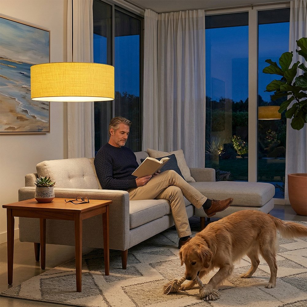 Stretch Pendant - Weathered Brass, Mustard Linen Shade, Dimmable, Bulb Included. Picture 3