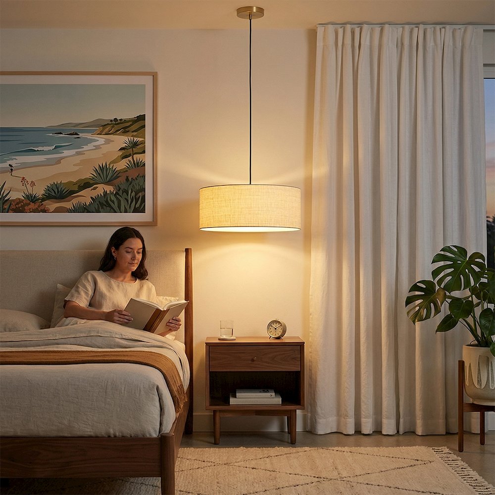 Stretch Pendant - Weathered Brass, White Linen Shade, Dimmable, Bulb Included. Picture 3