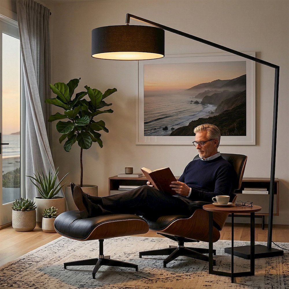 Stretch 87"H 1-Light Arc Lamp, Black Linen Drum Shade & Body. Picture 2