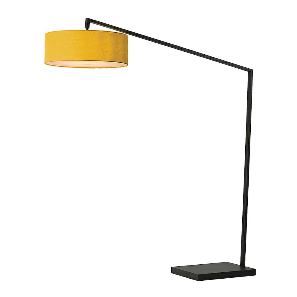 Stretch 87"H 1-Light Arc Lamp, Mustard Linen Drum Shade, Black Body. Picture 1