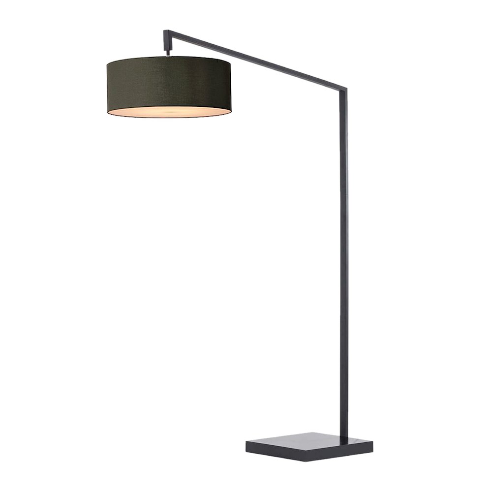 Stretch 75"H 1-Light Chairside Arc Lamp, Black Linen Drum Shade & Body. Picture 1