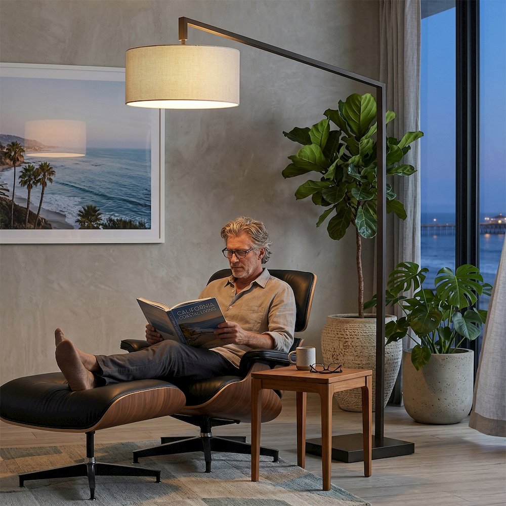 Stretch Chairside Arc Floor Lamp - Cashmere Gray Shade, Black Body and Base. Picture 2