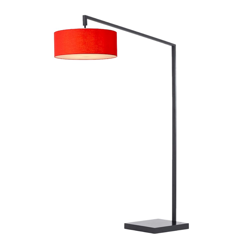 Stretch 75"H 1-Light Chairside Arc Lamp, Crimson Red Linen Drum Shade, Black. Picture 1