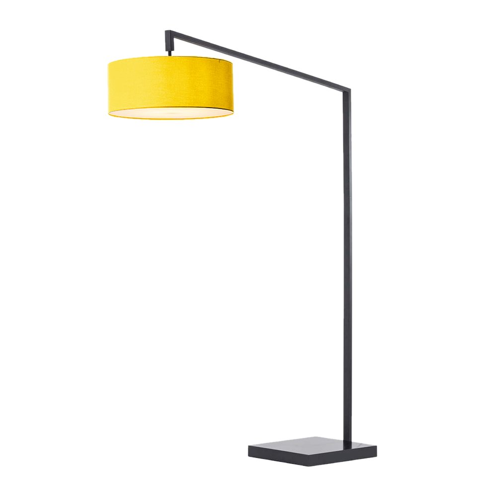 Stretch 75"H 1-Light Chairside Arc Lamp, Mustard Linen Drum Shade, Black Body. Picture 1
