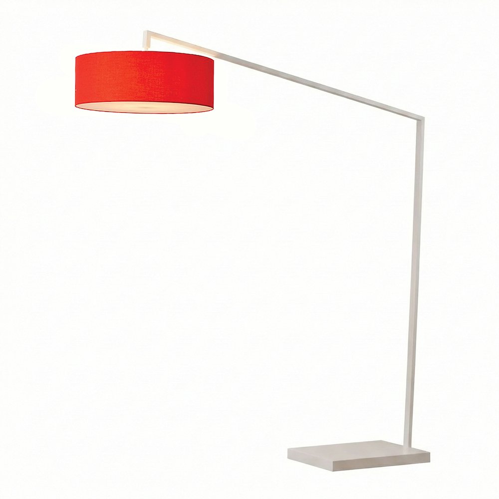 Stretch 87"H 1-Light Arc Lamp, Crimson Red Linen Drum Shade, White Body. Picture 1