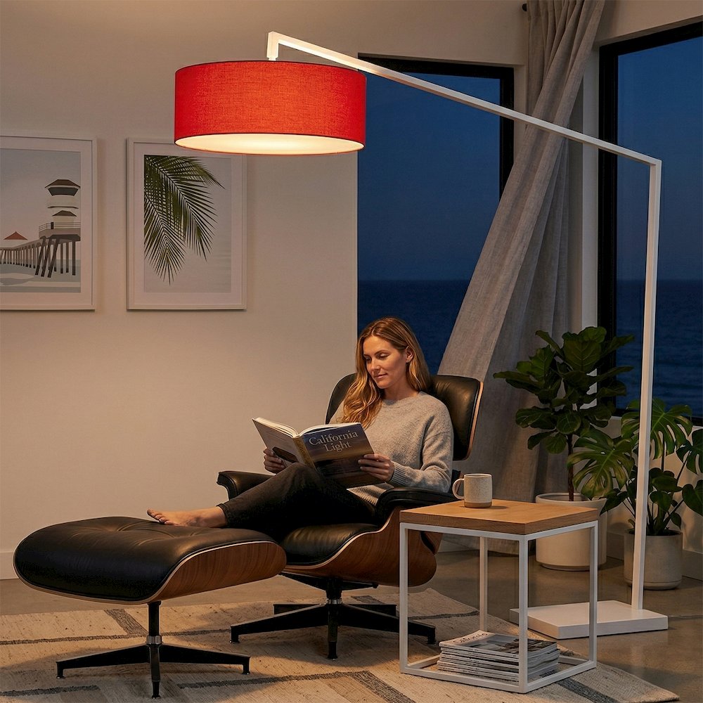 Stretch 87"H 1-Light Arc Lamp, Crimson Red Linen Drum Shade, White Body. Picture 2