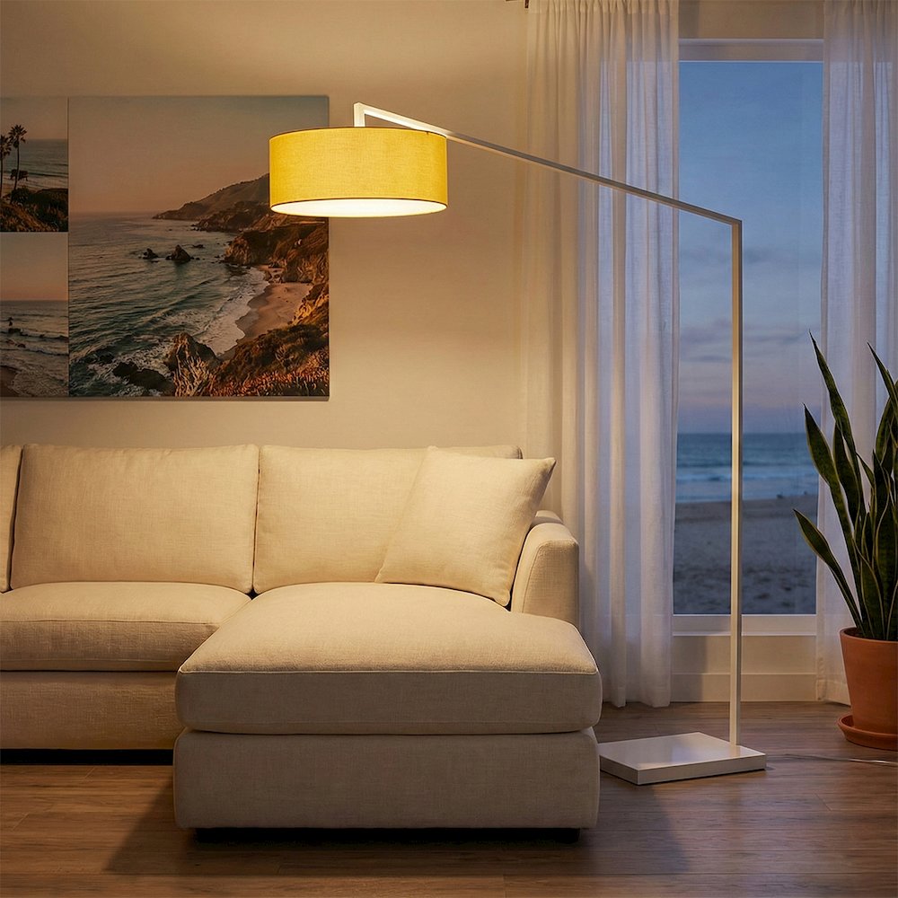 Stretch 87"H 1-Light Arc Lamp, Mustard, White Body, for Living Room or Bedroom. Picture 2